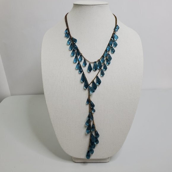 Jewelry - Blue Beaded Necklace Statement Chain Drop Dangle‎ F